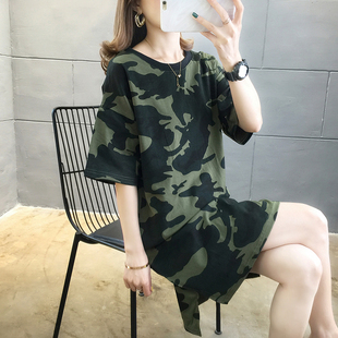 女士中长款短袖T恤夏季宽松大码迷彩服别致上衣侧开叉个性连衣裙