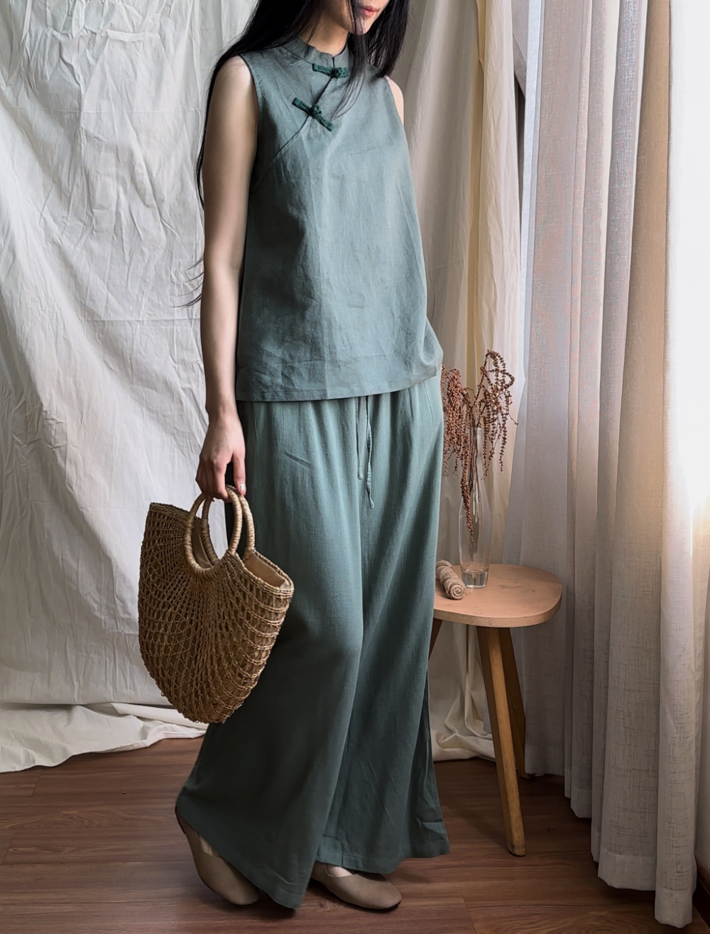 文艺新中式亚麻茶服复古立领斜襟盘扣无袖背心气质宽松打底上衣女