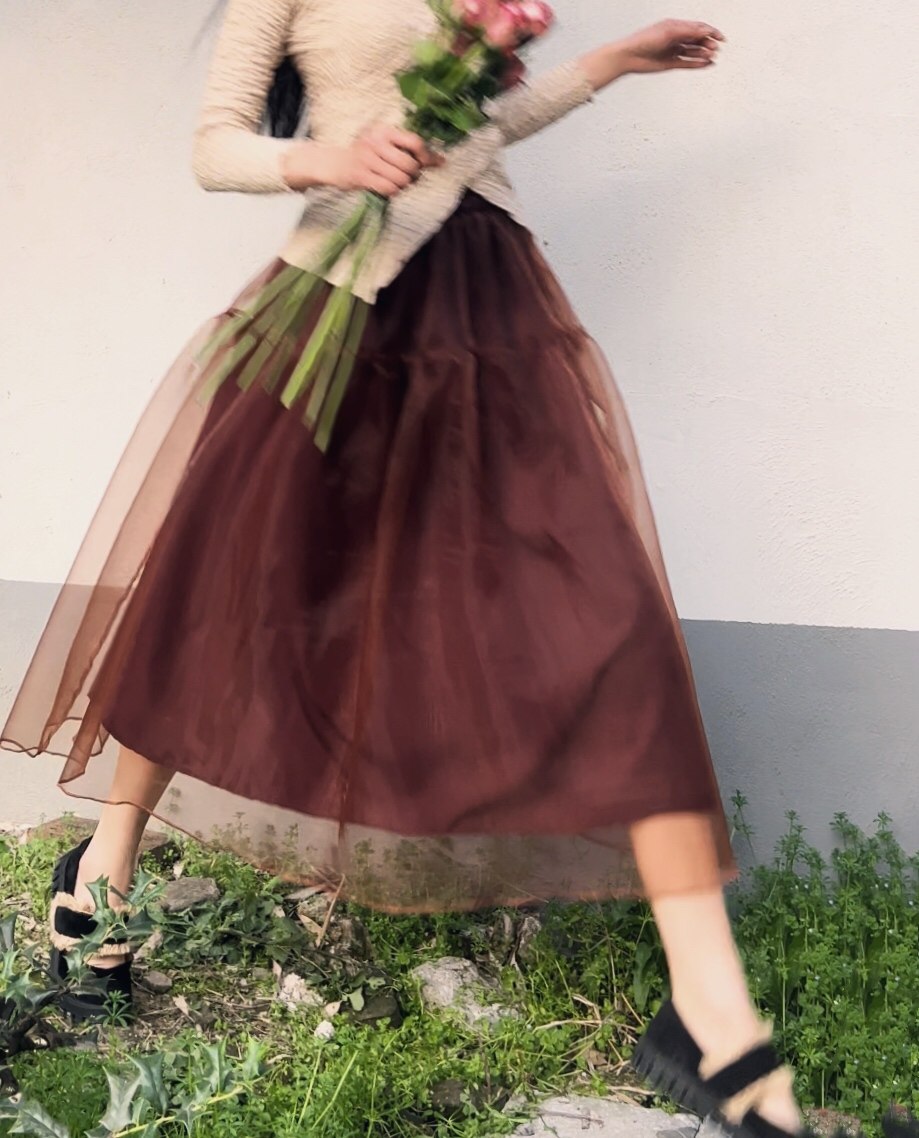 欧根纱大摆拼接半身裙仙气双层纱裙伞裙复古暗黑气质山本风蓬蓬裙