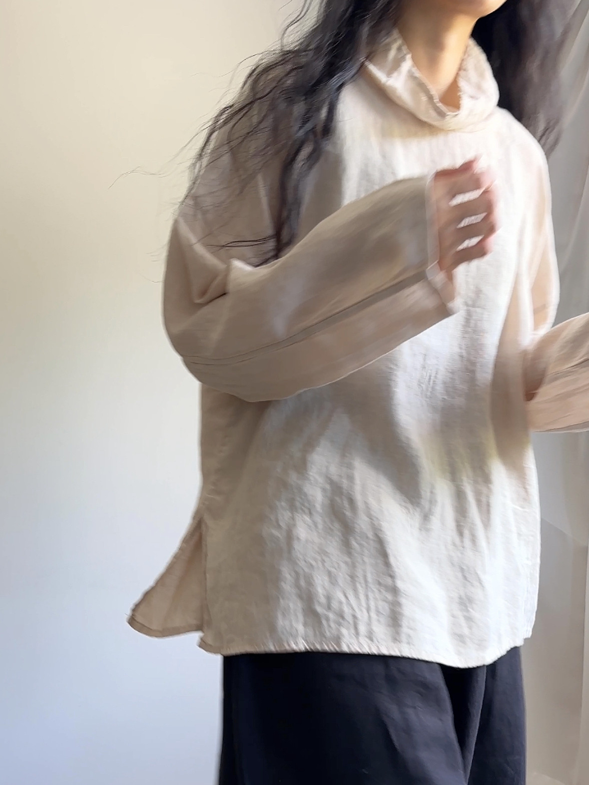 文艺亚麻半高领衬衫慵懒堆堆领百搭打底长袖女气质内搭宽松套头衫