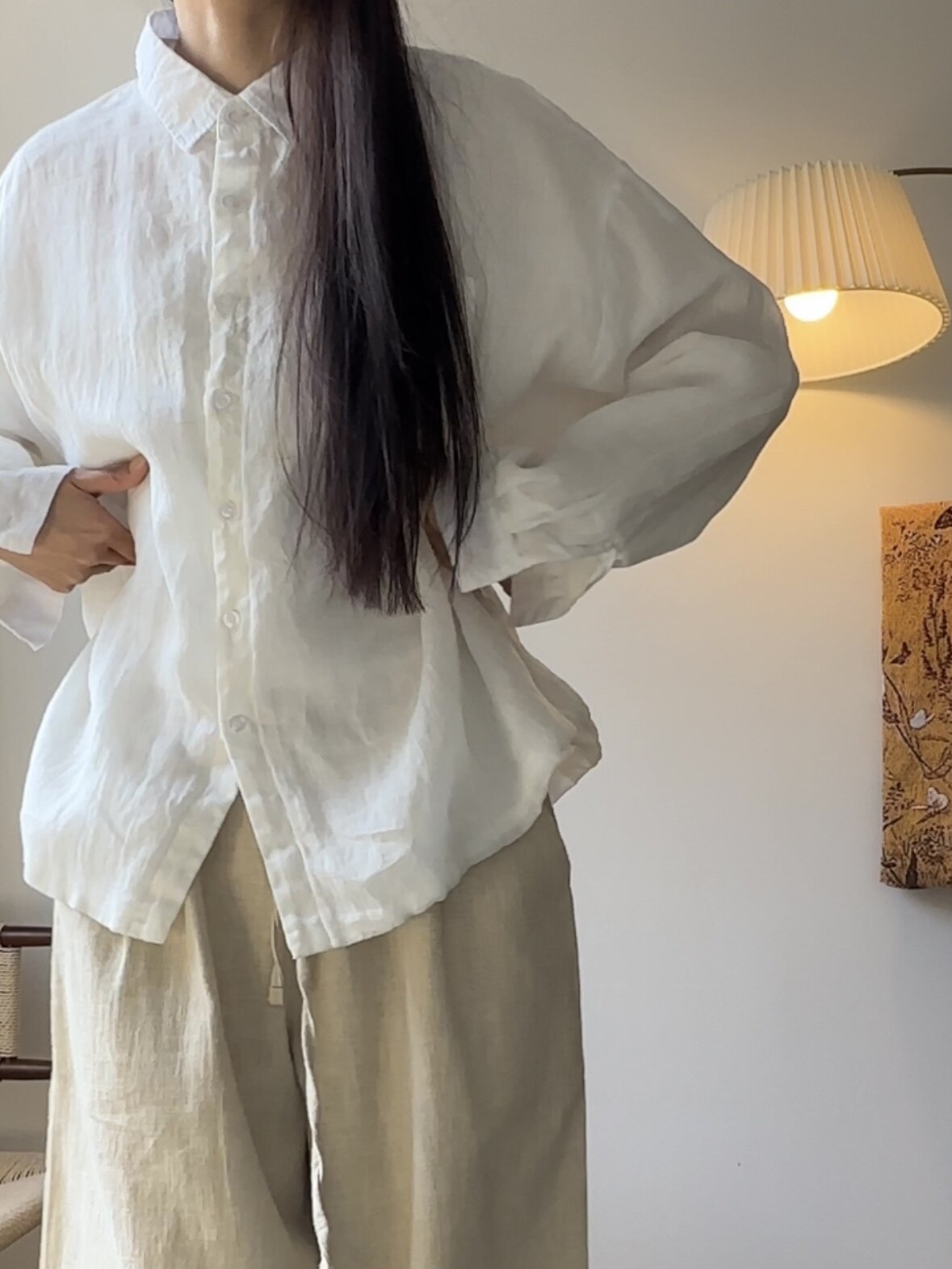 文艺简约清透苎麻衬衣女休闲宽松双层白色衬衫大码百搭上衣