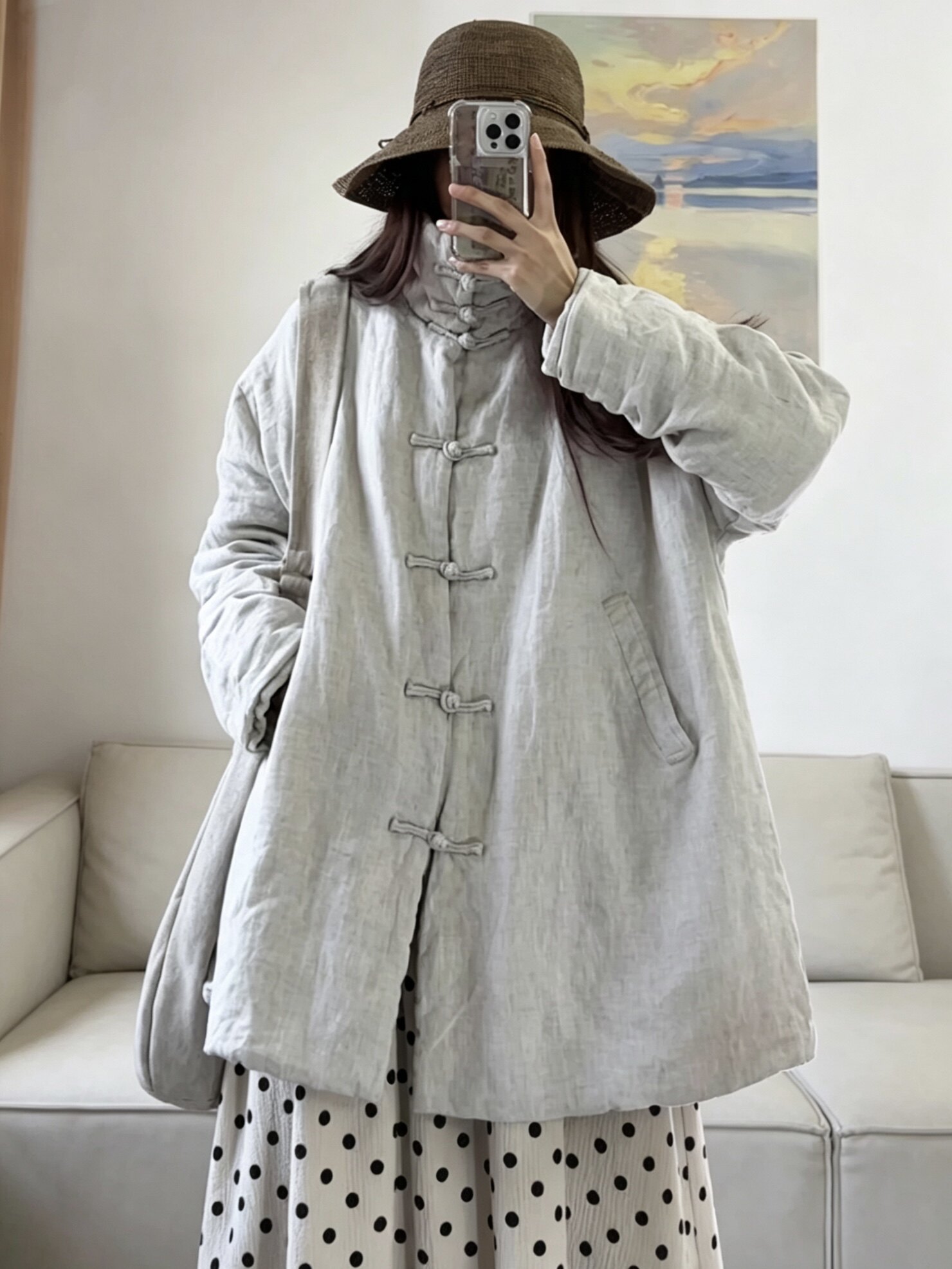 冬季文艺中式盘扣高领棉服复古亚麻宽松夹棉外套简约保暖翻领棉衣