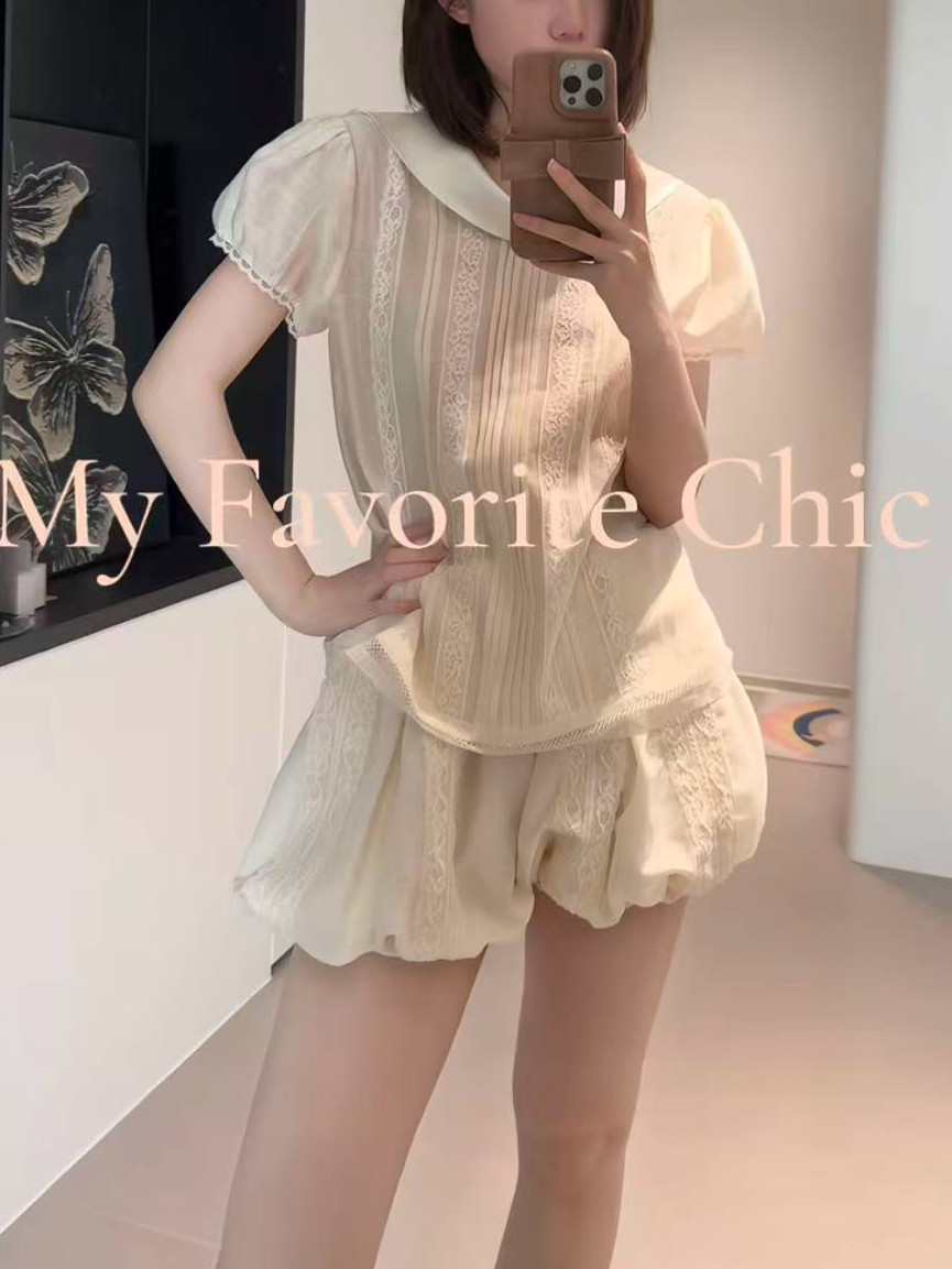 天丝亚麻 法式复古翻折荡领短袖拼接蕾丝塔克褶衬衫女26夏新女装