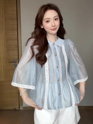 对版  清透蓝丝绢天丝混纺花边中袖衬衫2026夏季娃娃领减龄上衣