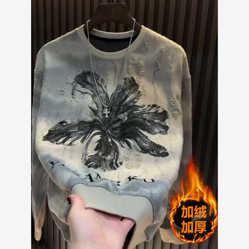 秋冬季新款破洞加绒加厚长袖上衣