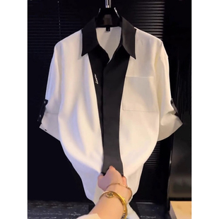 高级感宽松休闲半袖 黑白撞色垂感冰丝短袖 穿搭薄款 男夏季 衬衣 衬衫