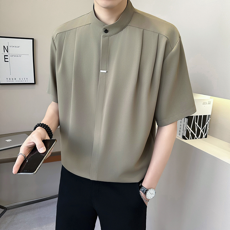 夏季薄款衬衫男短袖冰丝纯色寸衫