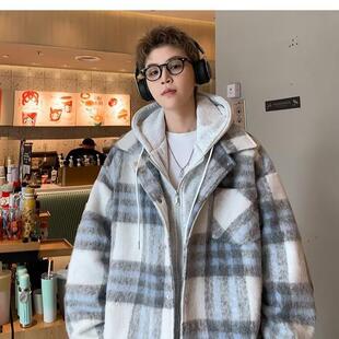 小香风情侣连帽棉衣夹克 美式 假两件棉服格子外套男秋冬季 2024新款