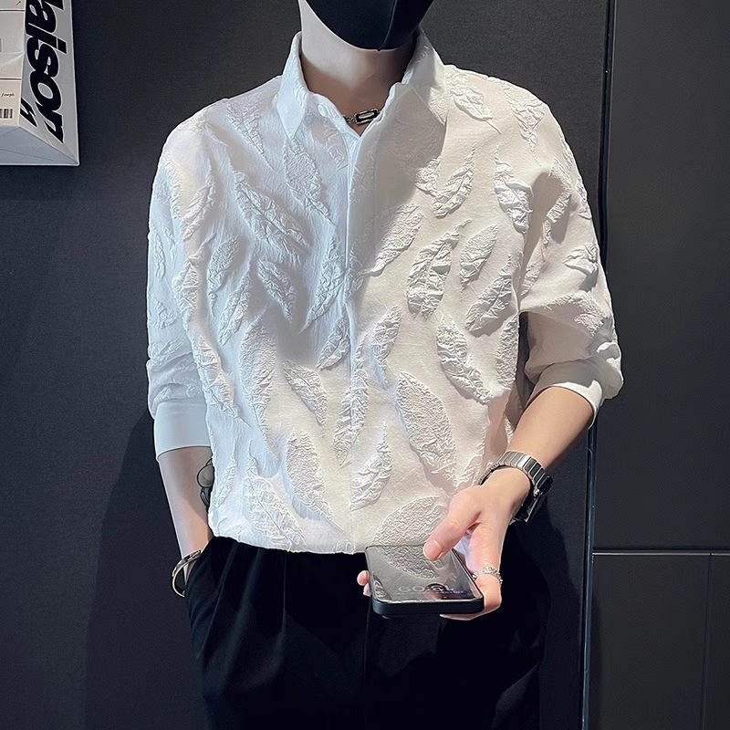 高级感提花衬衫男士短袖潮牌痞帅衬衣2023新款夏季七分袖蝙蝠衫潮