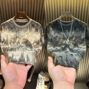 夏季新款男士重工暗花扎染圆领短袖T恤高级感潮牌痞帅T恤半袖上衣