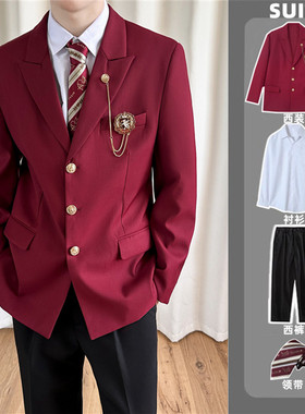 红色学院风dk制服红西服jk外套休闲痞帅毕业拍照校供高级西装班服