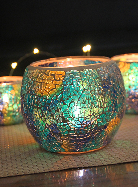 地中海蓝色套三圆球马赛克玻璃烛台浪漫烛光晚餐家居装饰摆设包邮