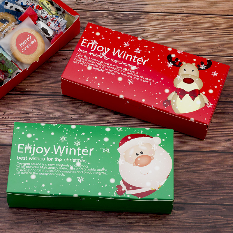 红色绿色圣诞节长方形姜饼盒老人鹿饼干小西点 牛轧糖烘焙包装盒