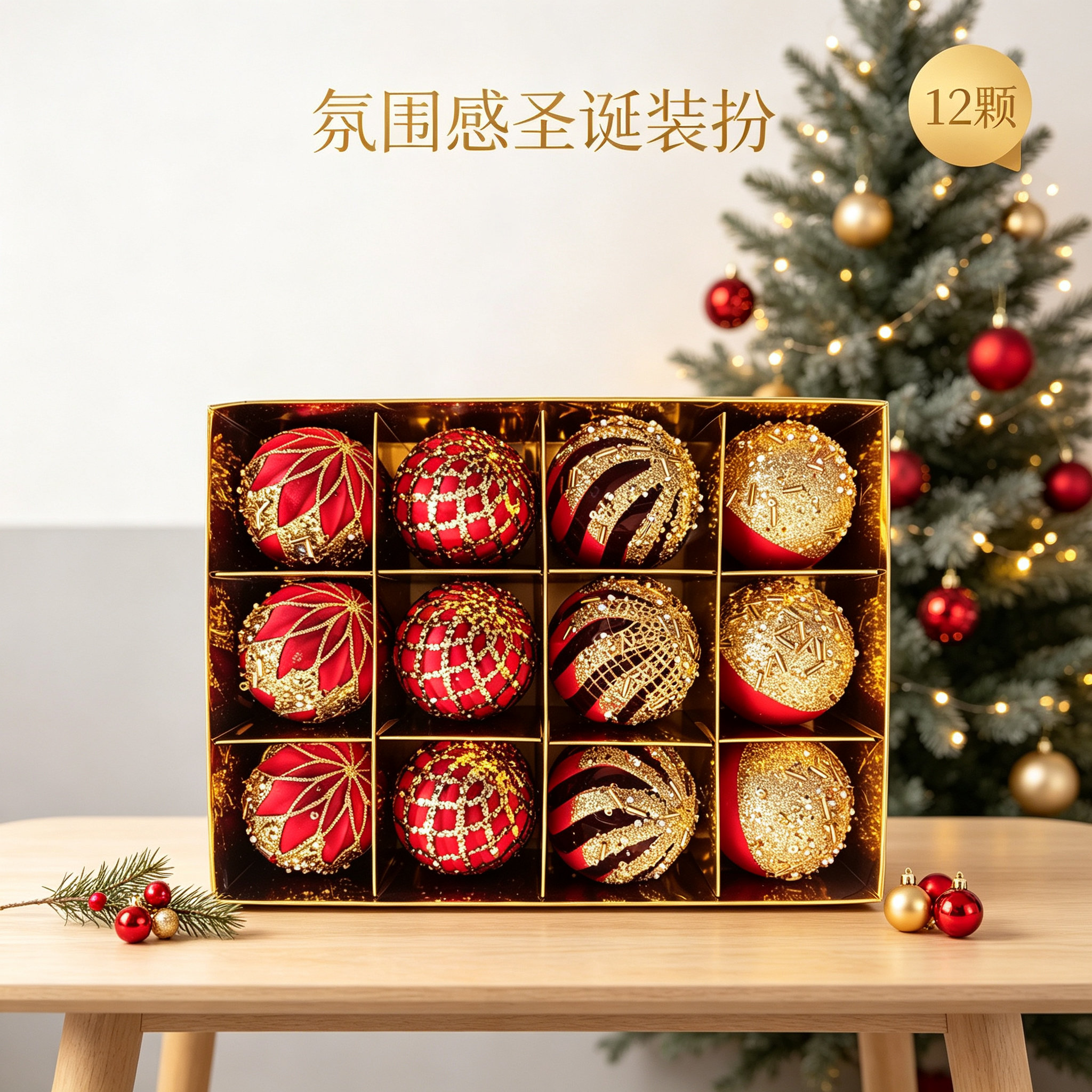 12个圣诞节氛围感装饰球套装礼盒