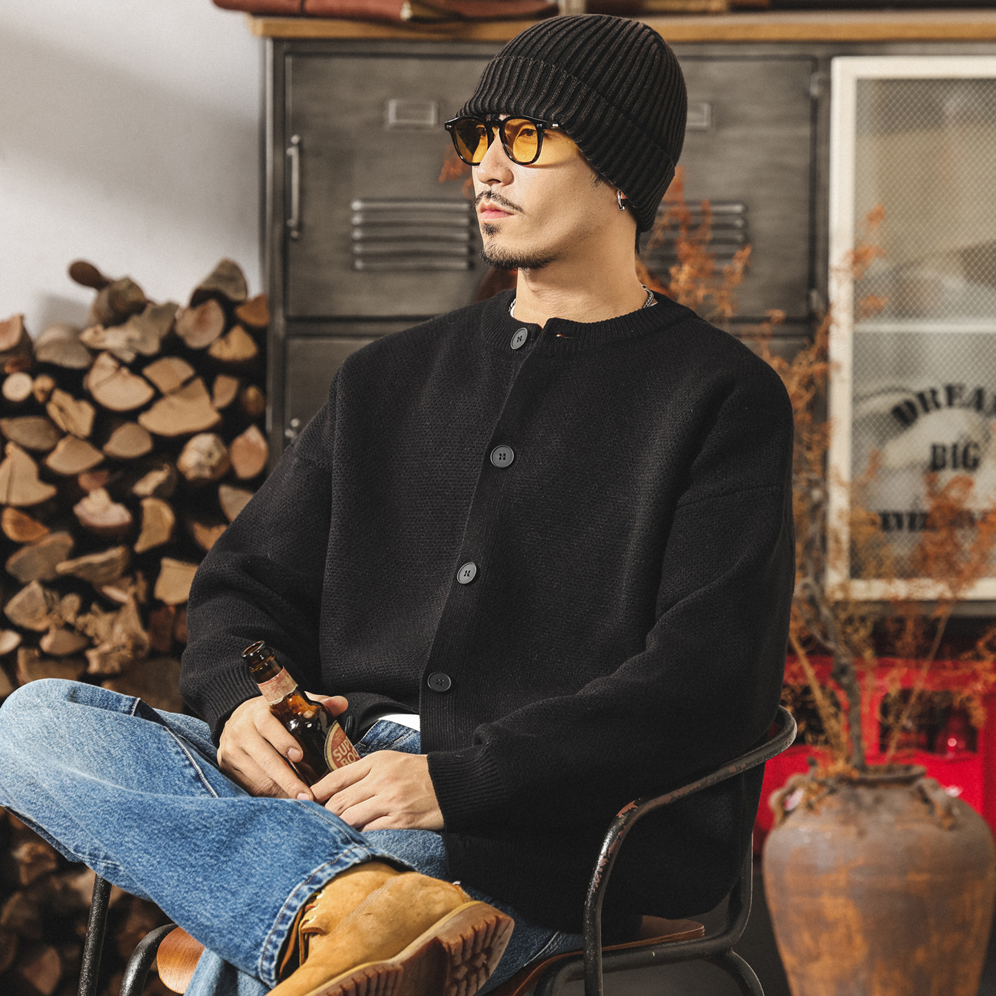 美式复古加厚开衫毛衣男款冬季保暖毛线衣男士宽松潮牌针织衫外套