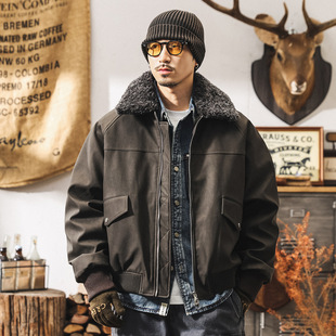 加大码机车皮衣羽绒服外套美式复古90%纯白鸭绒毛绒领男冬季潮牌