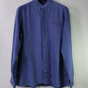 亚麻面料长袖 衬衫 39码 男士 深蓝色商务休闲立领款 版 蓝豹 修身