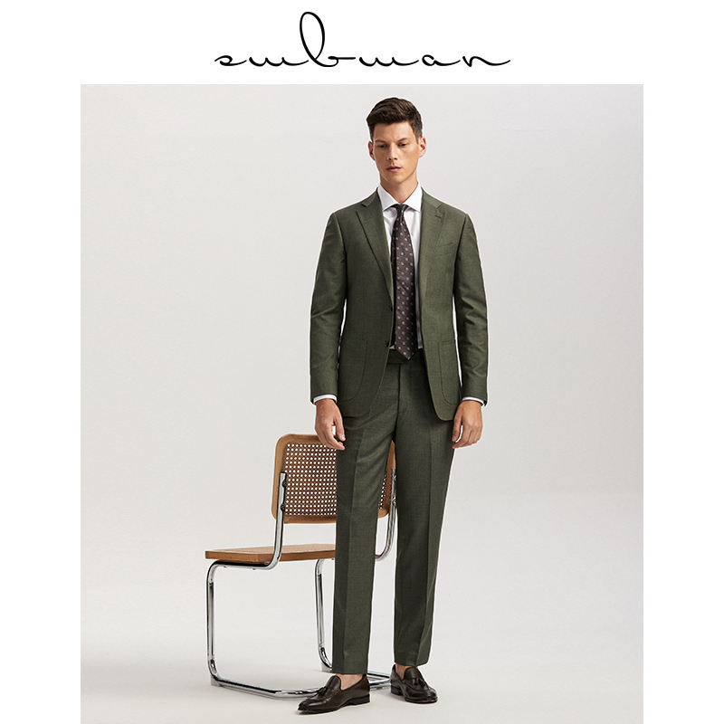 十米布意式西装套装男平驳领商务职业上班修身墨绿色工装西服外套