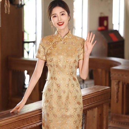 交织桑蚕丝中长款旗袍礼服婚宴装