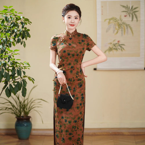 100%桑蚕丝真丝香去纱长款旗袍