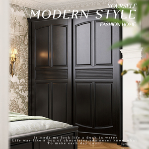 美式实木衣柜黑色现代简约推拉门衣柜复古法式储物衣橱卧室小户型