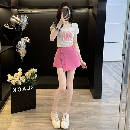 时尚休闲套装夏季显瘦新款减龄洋气小个子T恤粉色牛仔短裙两件套