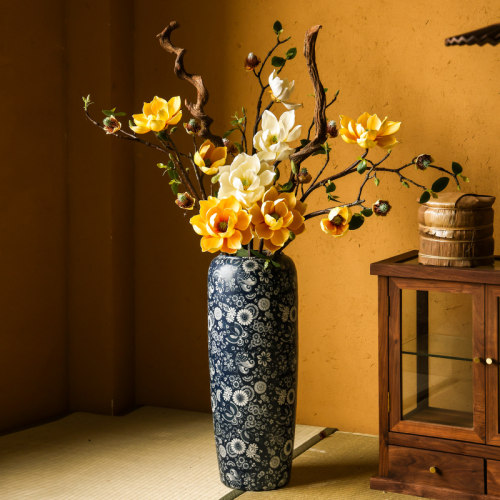 粗陶覆古青花落地花瓶茶室新中式客厅玄关餐厅装饰摆设花器彷真花