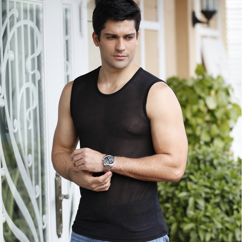 【天天特价】夏季提花花纹全透明网纱男士全蕾丝宽肩坎肩透视背心