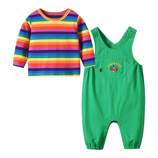 婴儿衣服春秋款恐龙背带裤套装中小童纯棉两件套洋气可爱宝宝套装