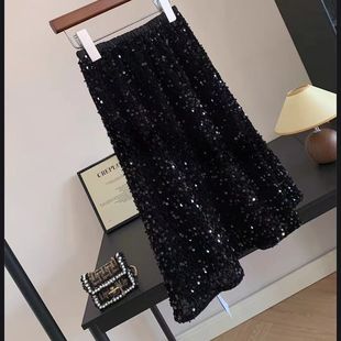 闪光少女女童丝绒黑色亮片半身裙2025春秋儿童新款百搭中长裙子潮