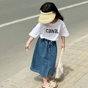 女童牛仔半身裙2024夏季新款儿童韩版洋气中长款开叉a字包臀裙子