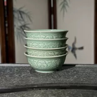 长安知己中国非遗微瑕「4.5英寸牡丹碗」耀州青瓷刻花中式米饭碗