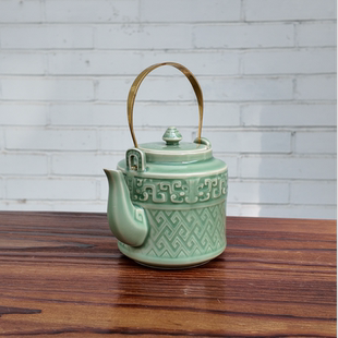 长安知己中国非遗「花舞大唐茶壶」耀州窑青瓷茶具浮雕壶约600ml