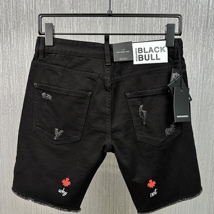 夏季新款D2牛仔短裤男士黑色破洞补丁DSQ2枫叶字母印花五分中裤子