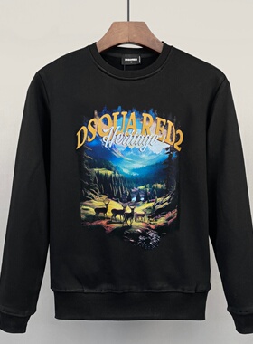 潮牌DSQ2美式复古加拿大风景画印花卫衣男女同款宽松黑色套头上衣