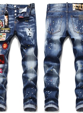 2025春秋新款潮牌破洞牛仔裤男装DSQ2个性徽章印花潮流修身小脚裤