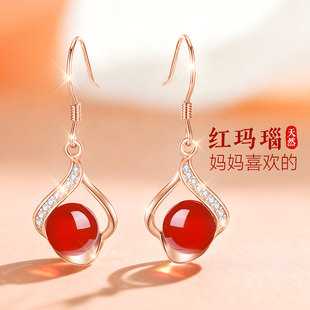纯银999银耳环女本命年天然红玛瑙耳饰女士耳坠耳钉妈妈款送妈妈