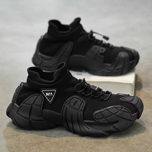 厚底机甲风潮鞋 男鞋 一脚蹬袜子鞋 透气网面飞织运动休闲鞋 春夏季