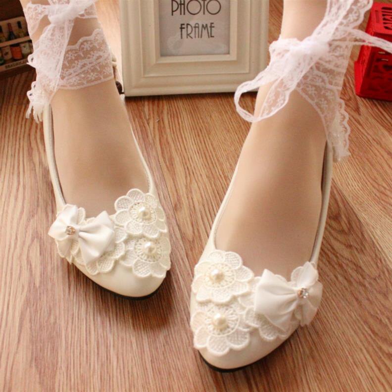 白色蝴蝶结丝带伴娘婚纱礼服鞋 平底 低跟 中跟 高跟婚鞋女