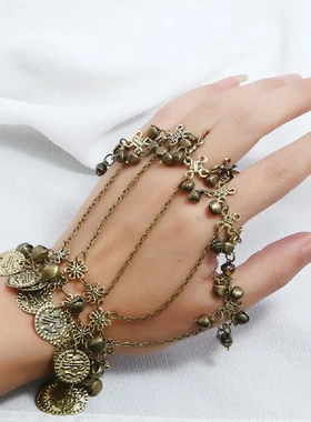 大话西游紫霞仙子朱茵同款采耳朱茵复古钱币五指连指流苏铃铛手链