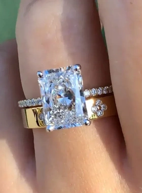 925纯银冰花切锆石组合套戒结婚订婚戒指女欧美轻奢ins高品质指环