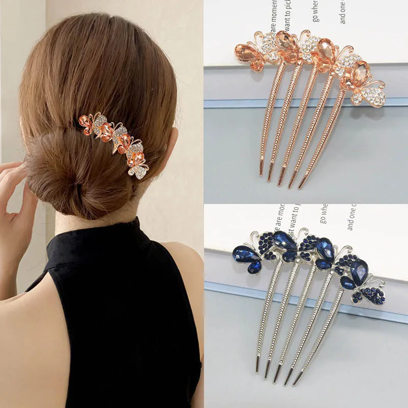 水钻发梳蝴蝶发卡后脑勺丸子头盘发插梳气质头花发插卡子头饰
