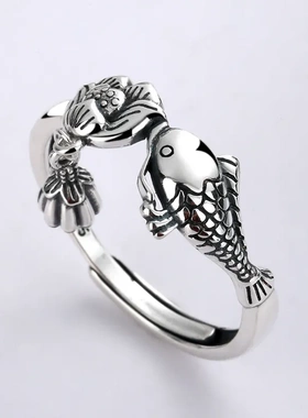 云潮轩s925银戒指女复古民族鲤鱼莲花流苏食戒情侣可调节指环女