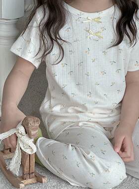儿童夏季碎花家居服套装女童短袖长裤薄款空调服纯棉睡衣可外穿