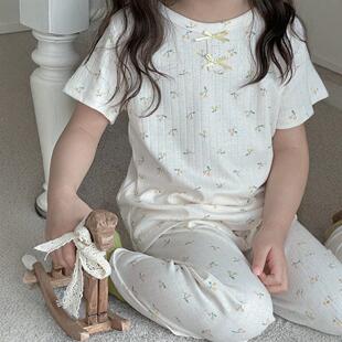 儿童夏季碎花家居服套装女童短袖长裤薄款空调服纯棉睡衣可外穿