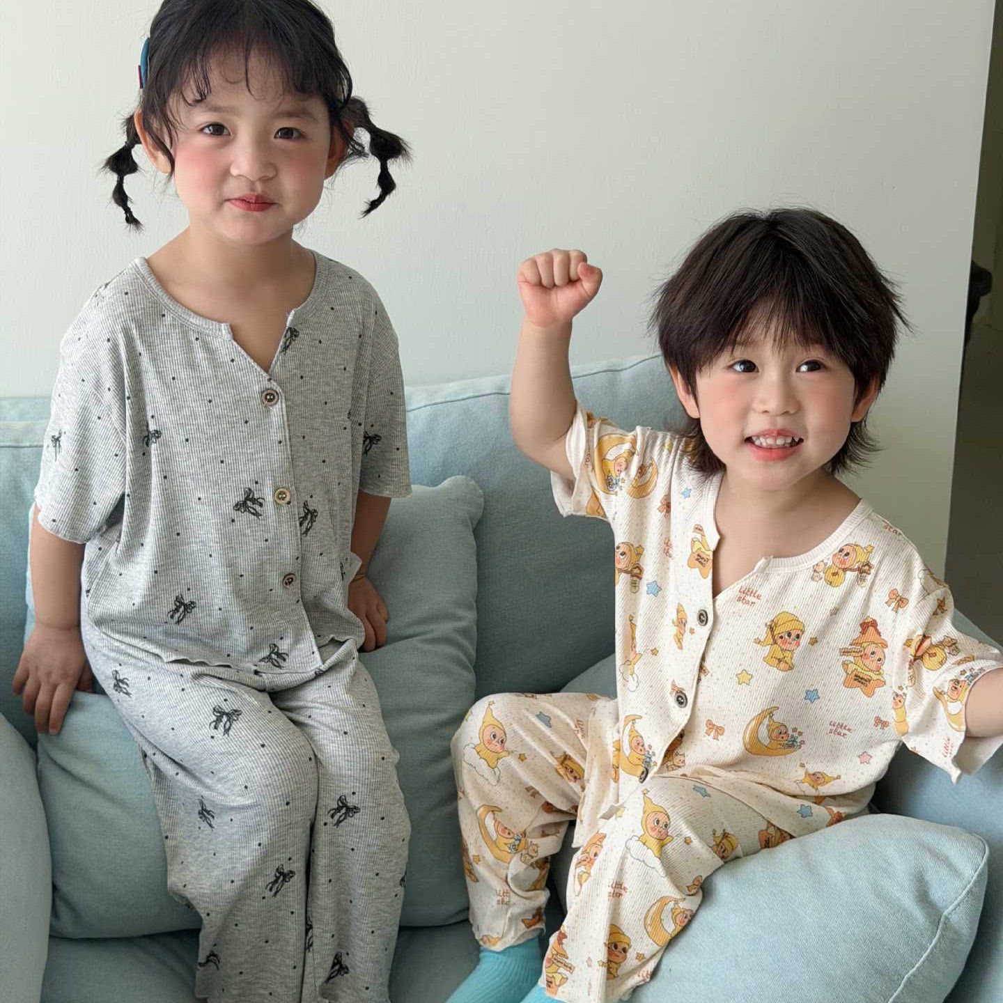 韩版儿童莫代尔短袖长裤夏季套装男女童宝宝网红亲子家居服空调服