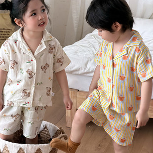 儿童夏季短袖套睡衣男孩双层纯棉纱布睡衣女童a类棉纱宽松家居服
