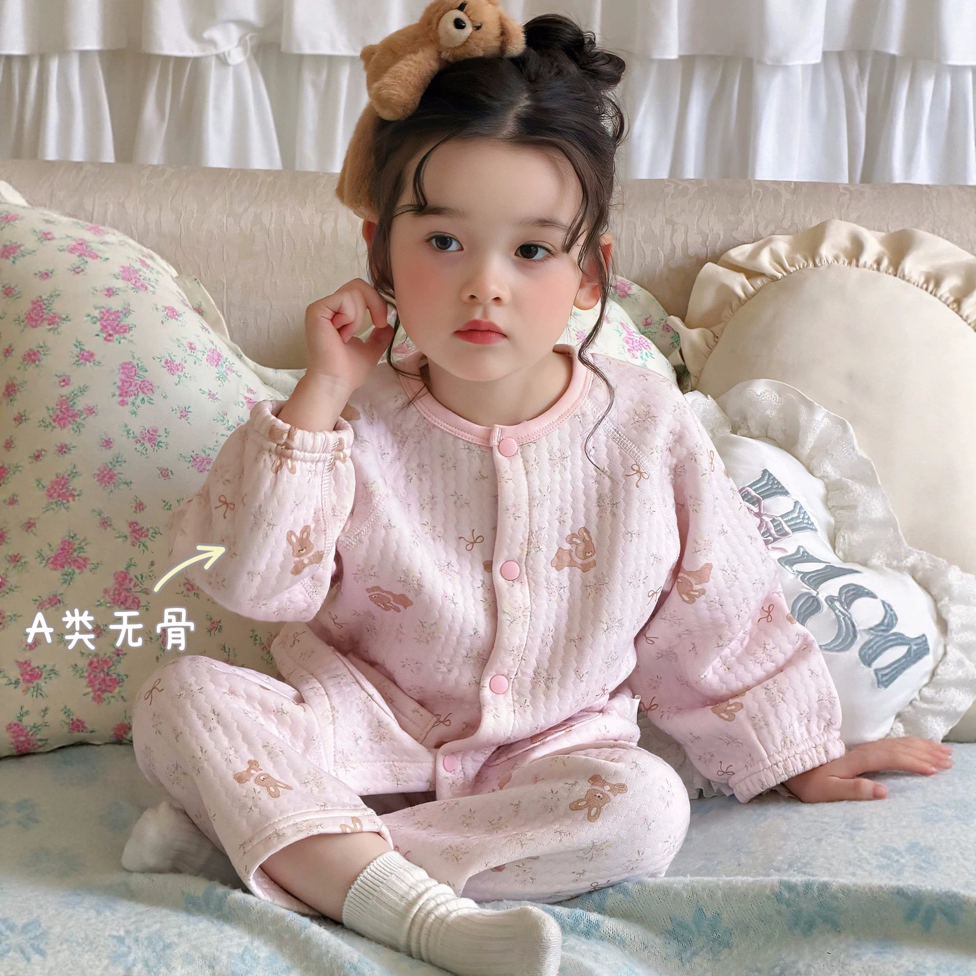 秋冬女童家居服A类棉无骨韩版儿童睡衣套装男孩小宝宝夹薄棉开衫