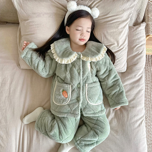 2025冬新品女童三层加厚夹棉睡衣童刺绣印花绗棉家居服可外穿套装