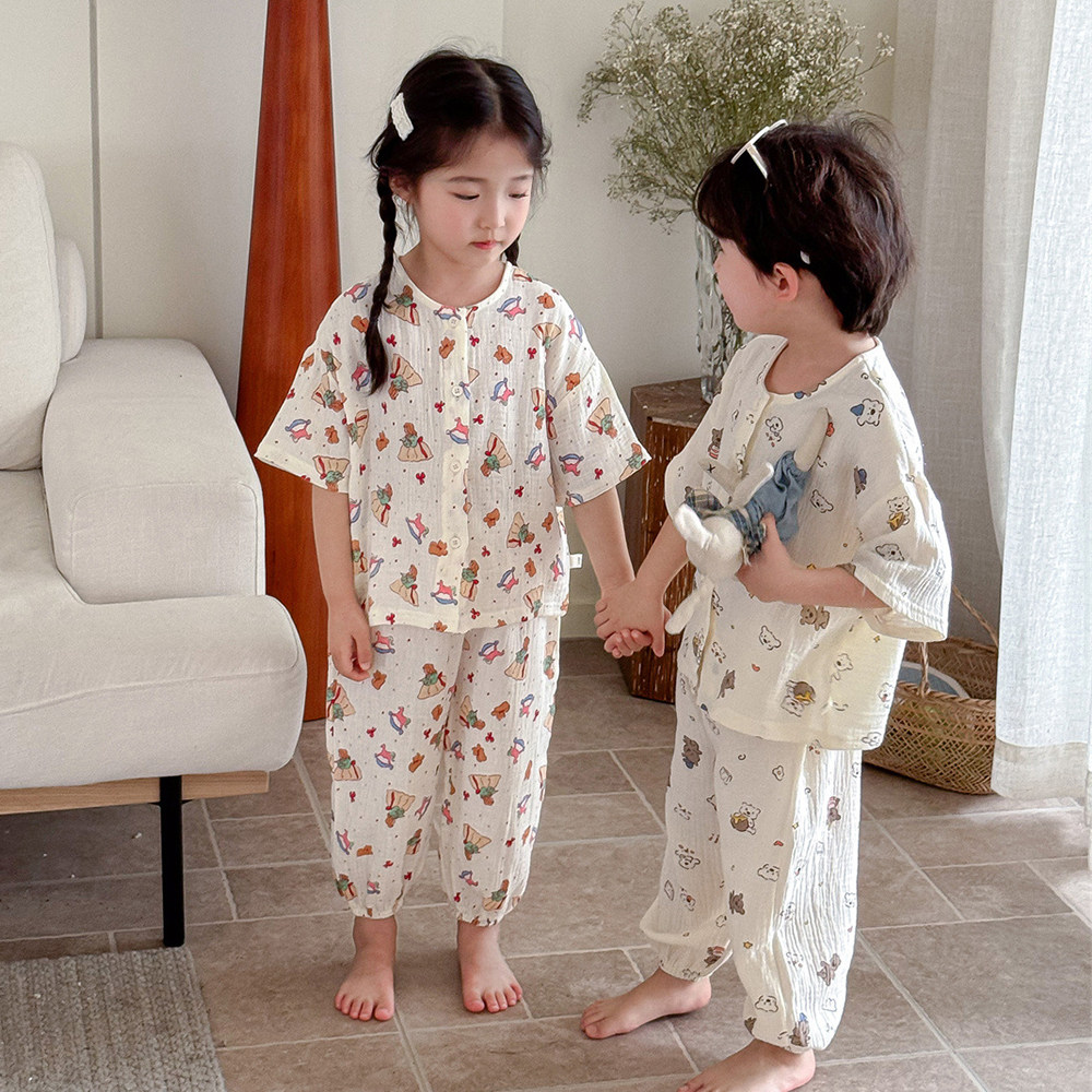 儿童家居服夏天男童中国风睡衣短袖女小孩薄款棉纱夏季空调服棉麻